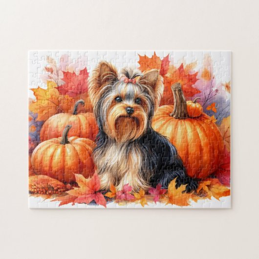 Niedliche Yorkie Terrier Herbstblätter und Pumpkin Puzzle (Horizontal)