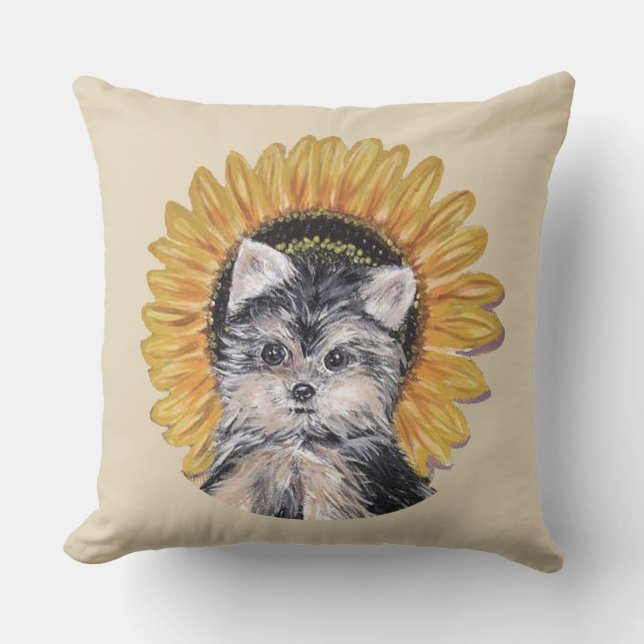 Niedliche Yorkshire Terrier Dog & Sunflower auf Be Kissen (Vorderseite)
