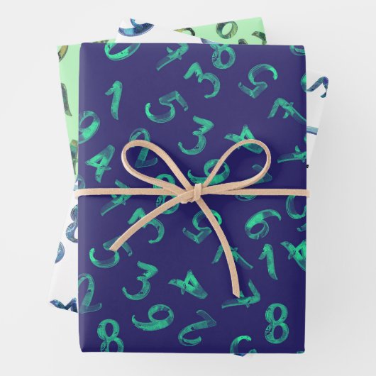 Niedliche Zahlen Muster Navy Blue Green Mathematic Geschenkpapier Set (Beispiel)