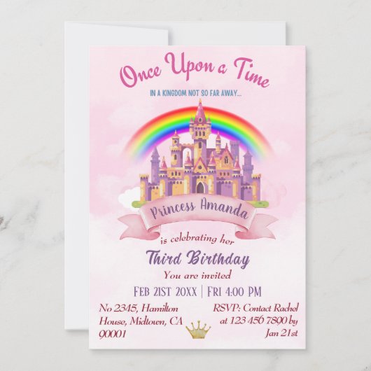 Niedliche Zauberburg Regenbogenprinzessin 3. Einladung (Vorderseite)