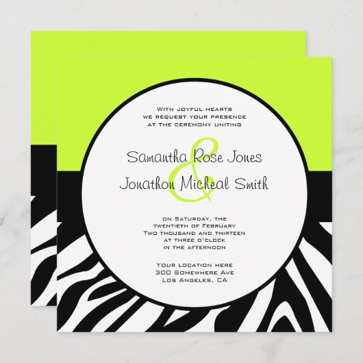 Niedliche Zebra Print Custom Lime Green Custom Wed Einladung (Vorne/Hinten)