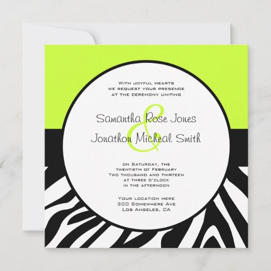 Niedliche Zebra Print Custom Lime Green Custom Wed Einladung (Vorderseite)