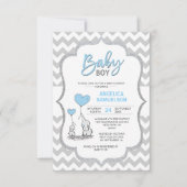 Niedliche Zickzack Blue Grey Elephant Baby Shower Einladung (Vorderseite)