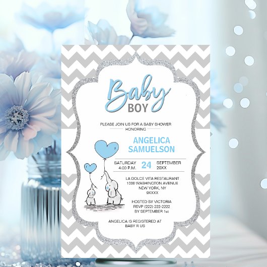 Niedliche Zickzack Blue Grey Elephant Baby Shower Einladung