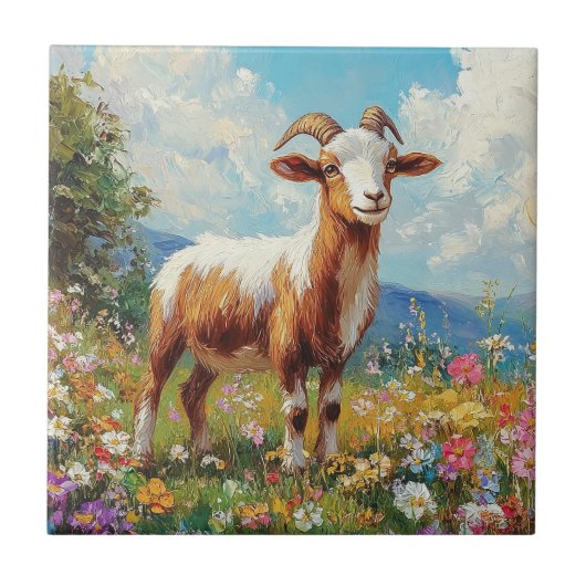 Niedliche Ziege farbenfrohe Wildblume Wiese Fliese (Vorderseite)