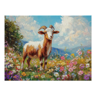 Niedliche Ziege farbenfrohe Wildblume Wiese Poster