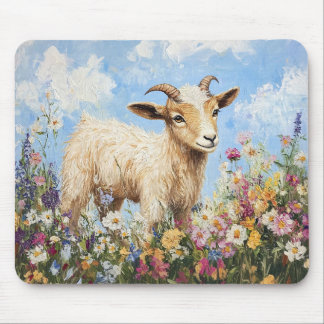 Niedliche Ziege, umgeben von Wildblumen Mousepad