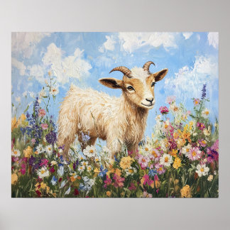Niedliche Ziege, umgeben von Wildblumen Poster