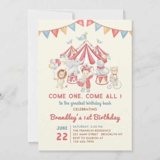 Niedliche Zirkustiere Karneval Geburtstag Einladun Einladung (Vorderseite)