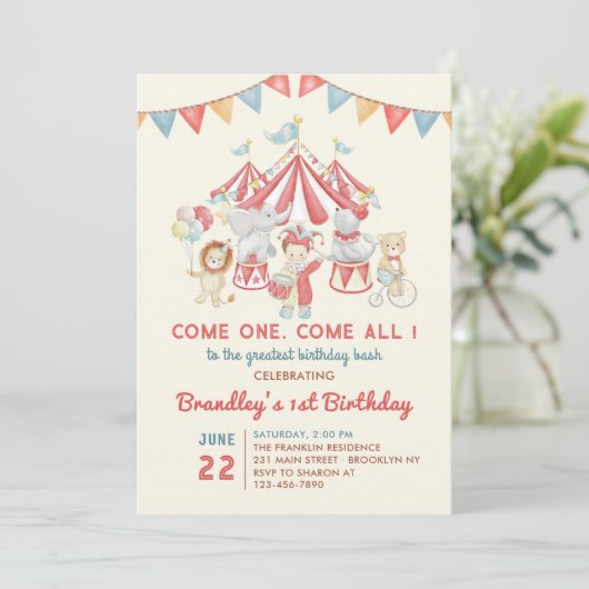 Niedliche Zirkustiere Karneval Geburtstag Einladun Einladung (Stehend Vorderseite)