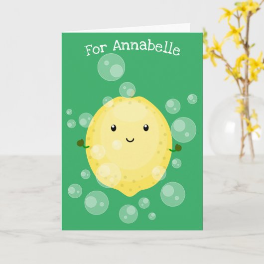 Niedliche Zitronenfrüchte Cartoon Blasen Veranscha Karte (Gelbe Blume)