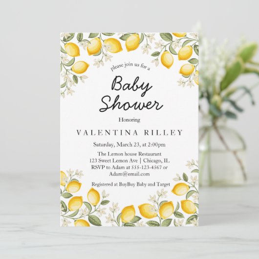 Niedliche Zitronenfrüchte Sommerdusche Einladung (Stehend Vorderseite)