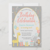 Niedliche Zootiere Party Geburtstagsfeier Rosa Einladung (Vorderseite)