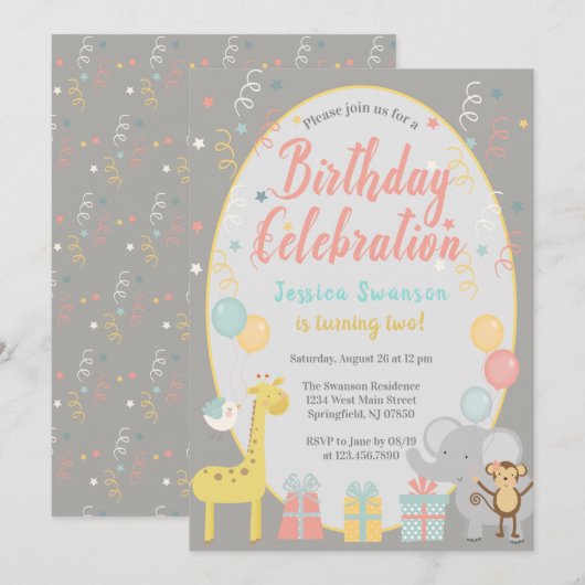 Niedliche Zootiere Party Geburtstagsfeier Rosa Einladung (Vorne/Hinten)