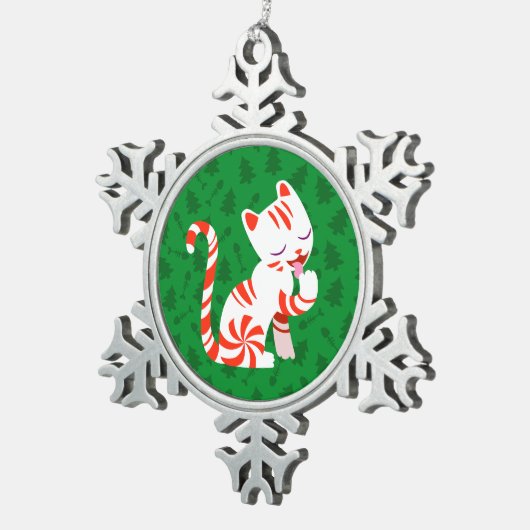 Niedliche Zuckerstange-Katze Schneeflocken Zinn-Ornament (Rechts)