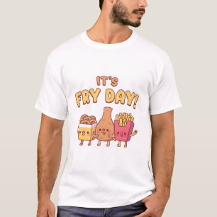 Niedliche Zwiebeln reißen gebratenes Huhn und frit T-Shirt