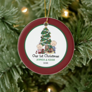 Niedliche Zwillings-1. Weihnachten personalisiert Keramikornament