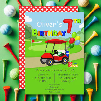 Niedlichen 7. Geburtstag Red Golf Cart Boy's Einladung