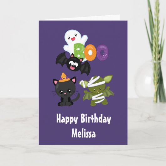 Niedlichen Halloween Cat, Bat, Mummy und Ghost Karte (Vorderseite)