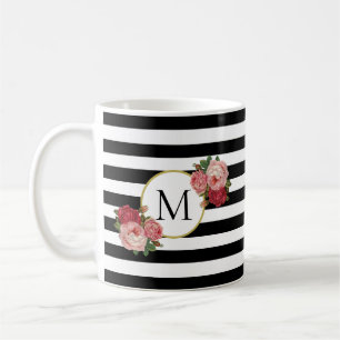 Niedlichen Schwarz-weißen Streifen Vintagen Rose  Kaffeetasse
