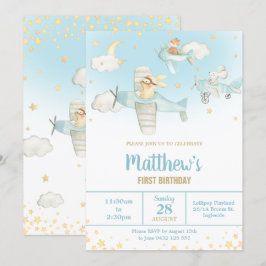 Niedlichen Tiere Airplanes Stars Sky Geburtstagski Einladung