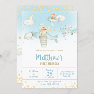 Niedlichen Tiere Airplanes Stars Sky Geburtstagski Einladung