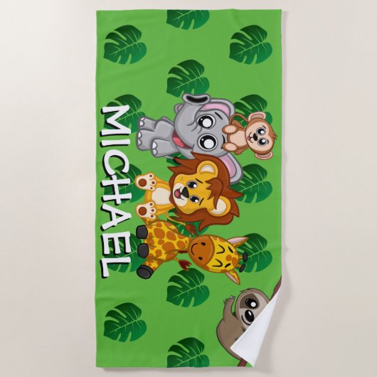Niedlichen Tiere Safari Green Cartoon Dschungel Strandtuch (Vorderseite)