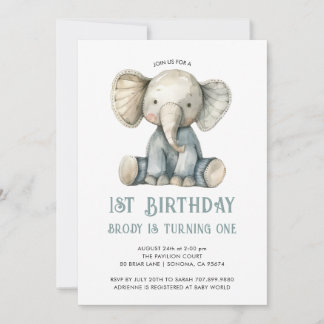 Niedlicher 1. Geburtstag Blue Stuffed Elephant Toy Einladung