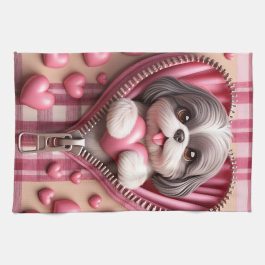 Niedlicher 3D-Shih-Tzu im rosa und weißen Hintergr Geschirrtuch (Horizontal)