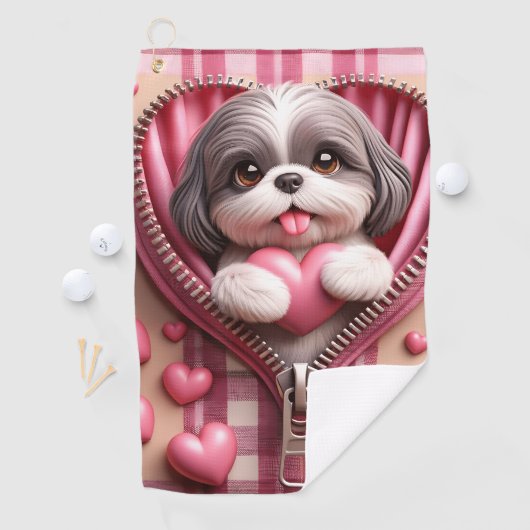 Niedlicher 3D-Shih-Tzu im rosa und weißen Hintergr Golfhandtuch (Insitu)