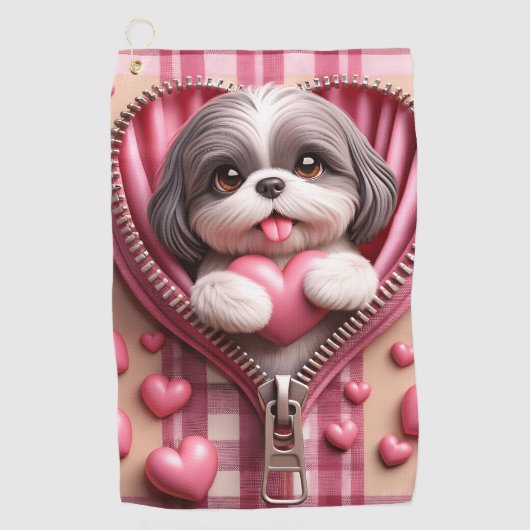 Niedlicher 3D-Shih-Tzu im rosa und weißen Hintergr Golfhandtuch (Vorderseite)