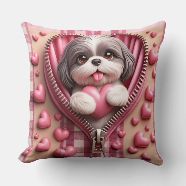Niedlicher 3D-Shih-Tzu im rosa und weißen Hintergr Kissen (Vorderseite)