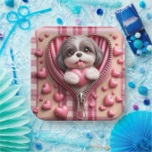 Niedlicher 3D-Shih-Tzu im rosa und weißen Hintergr Pappteller (Party)