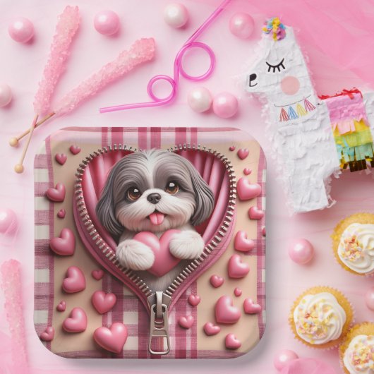 Niedlicher 3D-Shih-Tzu im rosa und weißen Hintergr Pappteller (Party)