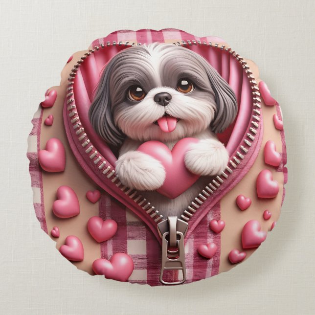Niedlicher 3D-Shih-Tzu im rosa und weißen Hintergr Rundes Kissen (Vorderseite)