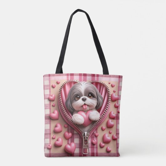 Niedlicher 3D-Shih-Tzu im rosa und weißen Hintergr Tasche (Rückseite)