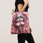 Niedlicher 3D-Shih-Tzu im rosa und weißen Hintergr Tasche (Von Nahem)