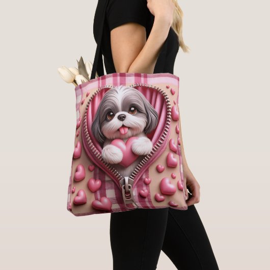 Niedlicher 3D-Shih-Tzu im rosa und weißen Hintergr Tasche (Von Nahem)