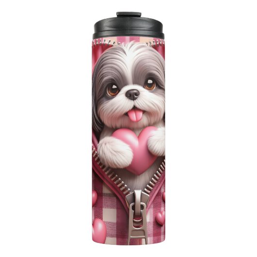 Niedlicher 3D-Shih-Tzu im rosa und weißen Hintergr Thermosbecher (Vorderseite)