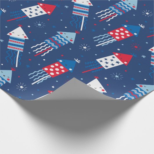 Niedlicher 4. Juli Feuerwerk rot blau Geschenkpapier (Ecke)