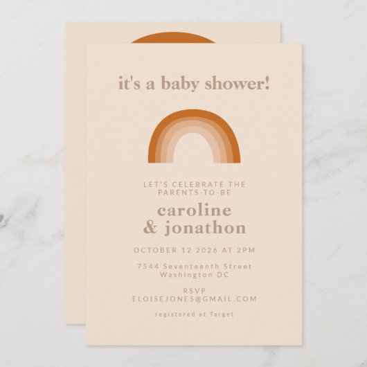 Niedlicher 70er Regenbogen Neutral Terracotta Kind Einladung (Vorne/Hinten)