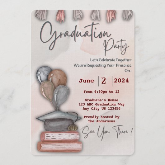 Niedlicher Abschluss Hut, Buch und Ballons Einladu Einladung (Vorderseite)