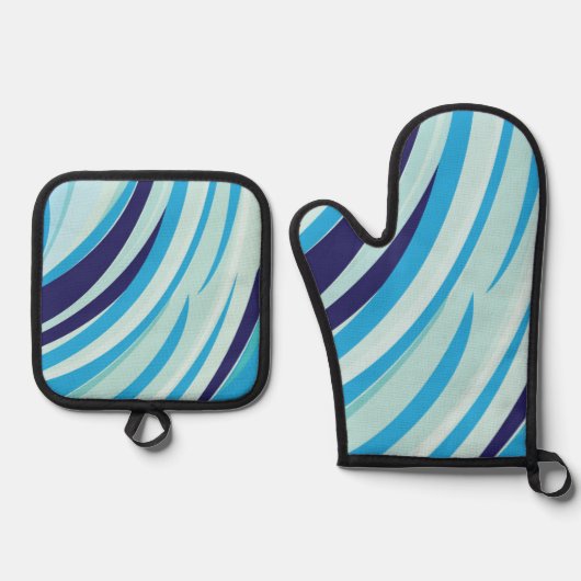 Niedlicher Abstrakter blauer Diagonalstreifen Ofenhandschuh & Topflappen-Set (Vorderseite)