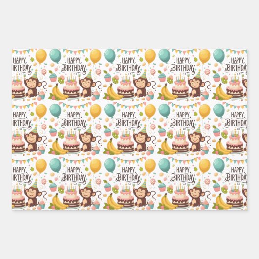 Niedlicher Affe Happy Birthday Party Cake Geschenkpapier Set (Vorderseite 3)