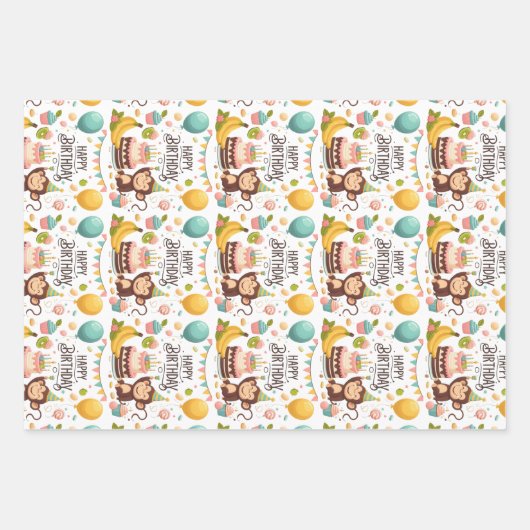 Niedlicher Affe Happy Birthday Party Cake Geschenkpapier Set (Vorderseite)