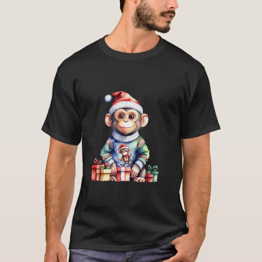 Niedlicher Affe in der Weihnachtsmannmütze Weihnac T-Shirt (Vorderseite)