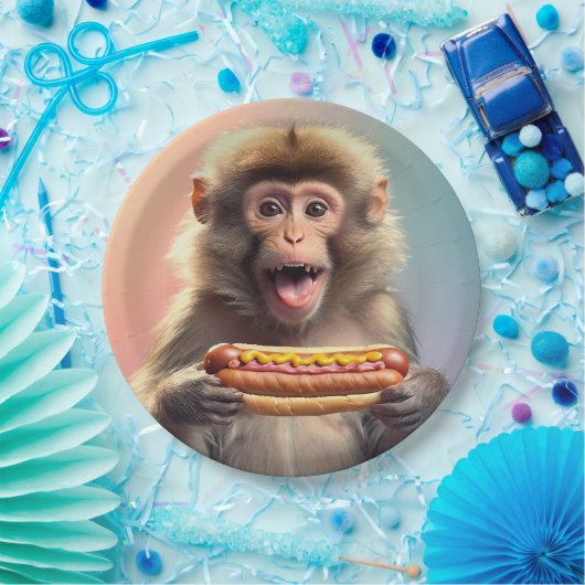 Niedlicher Affe mit Hotdog Pappteller (Party)