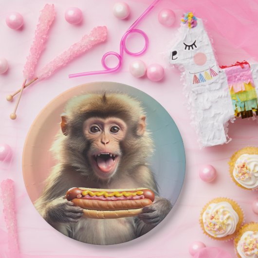 Niedlicher Affe mit Hotdog Pappteller (Party)