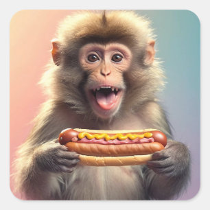 Niedlicher Affe mit Hotdog Quadratischer Aufkleber