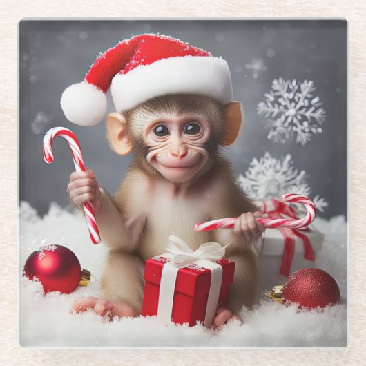 Niedlicher Affe mit Weihnachtsmannmütze Glasuntersetzer (Vorderseite)